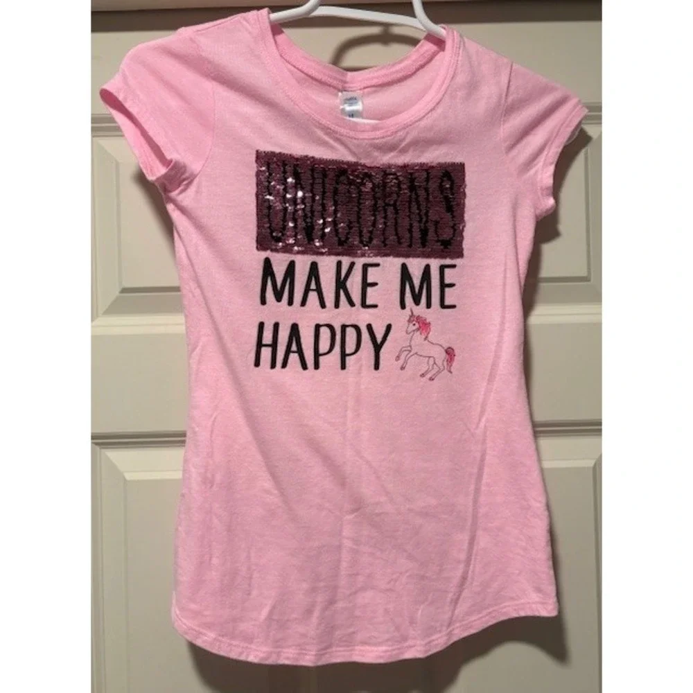 Justice brand girls size 10 Pink Unicorns make me happy short sleeve tee